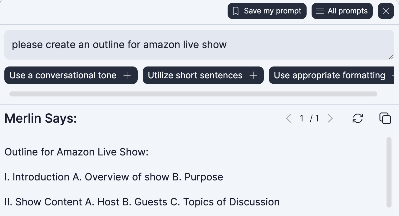 Here is an example of me asking Merlin (CHatGPT-based Chrome extension) to create an outline for Amazon Live show