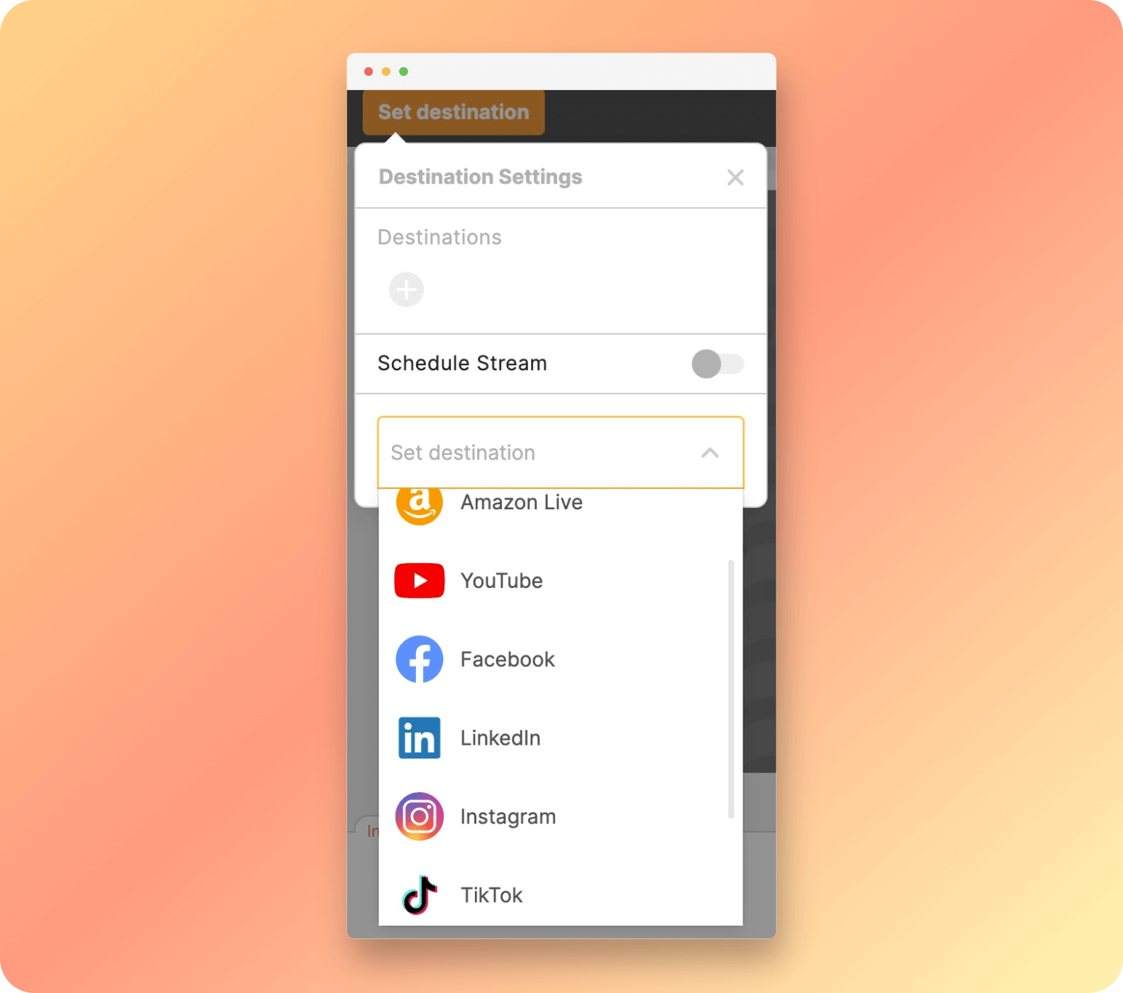 screenshot from Be.Live streaming platfrom that shows an ability to multistream to TikTok and Instagram